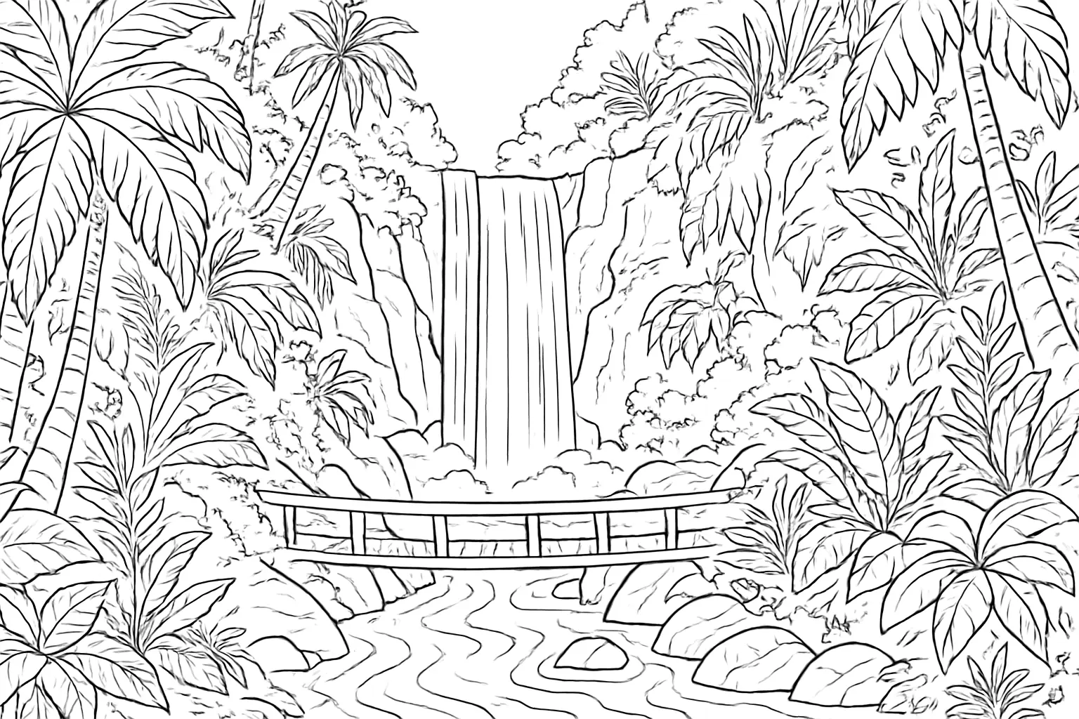 Waterfall Coloring Page – Tropical Template with Bridge