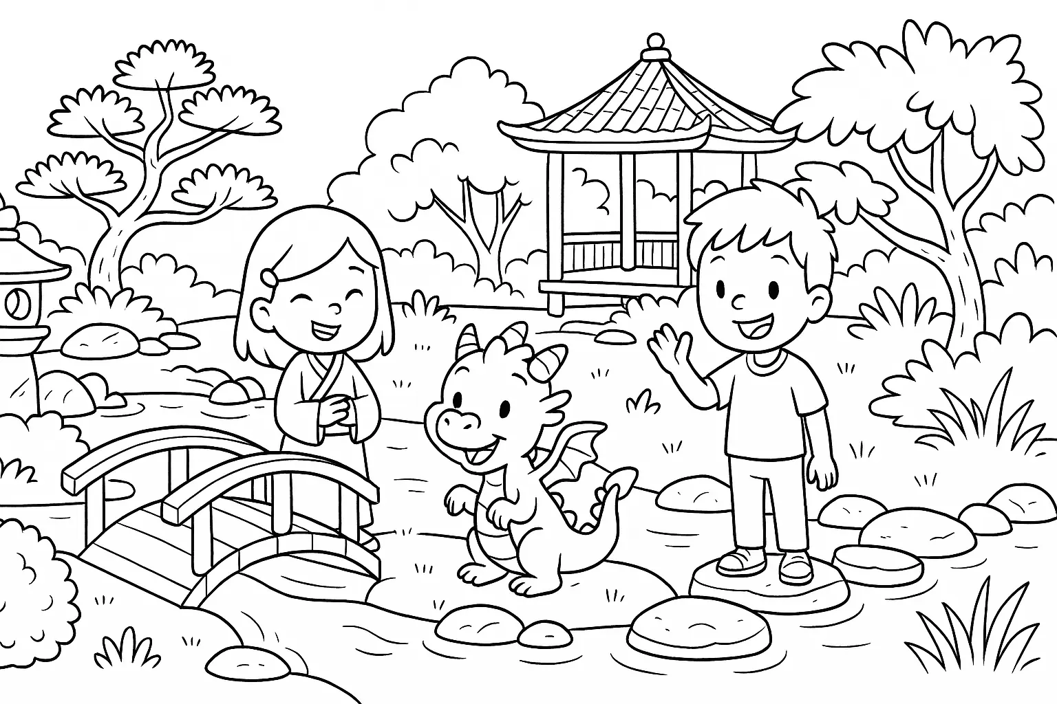 Whimsical Coloring Page: Garden, Dragon & Kids