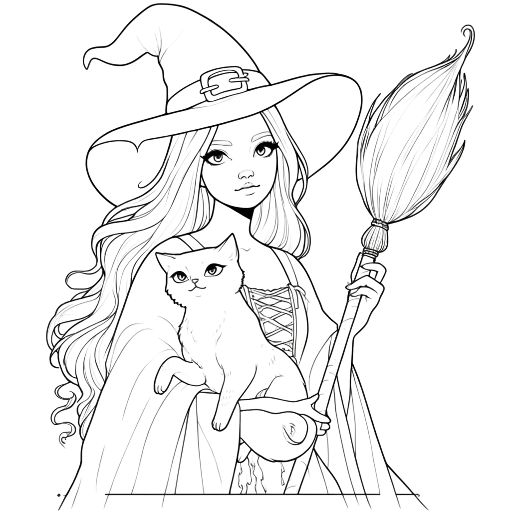 Witch and cat to color
