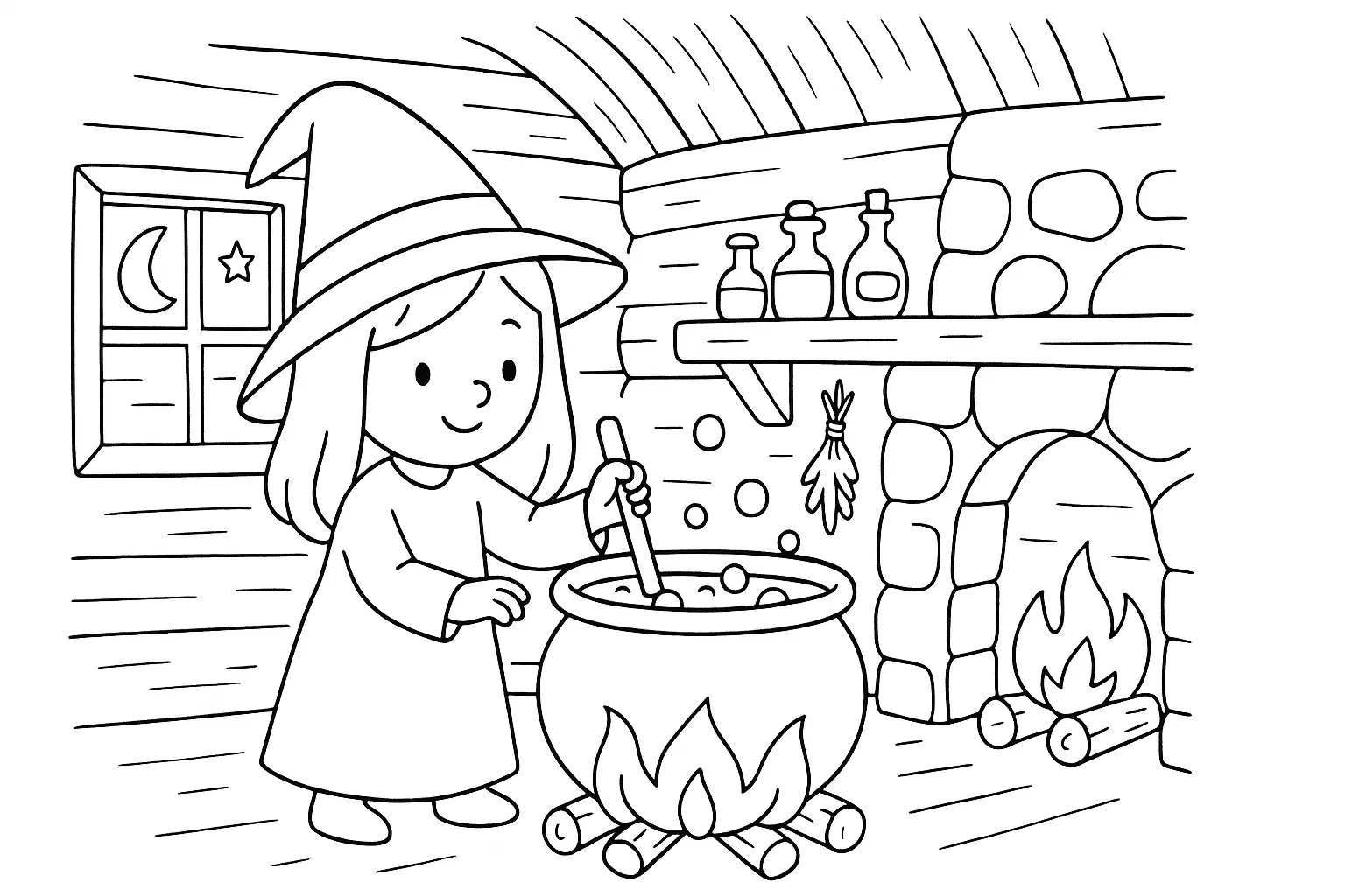 Witch at the Cauldron Coloring Page – Free PDF
