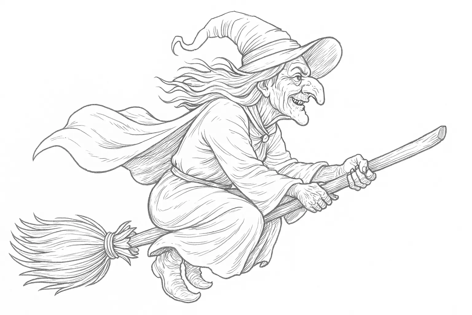 Witch Flying with Broom and Hat