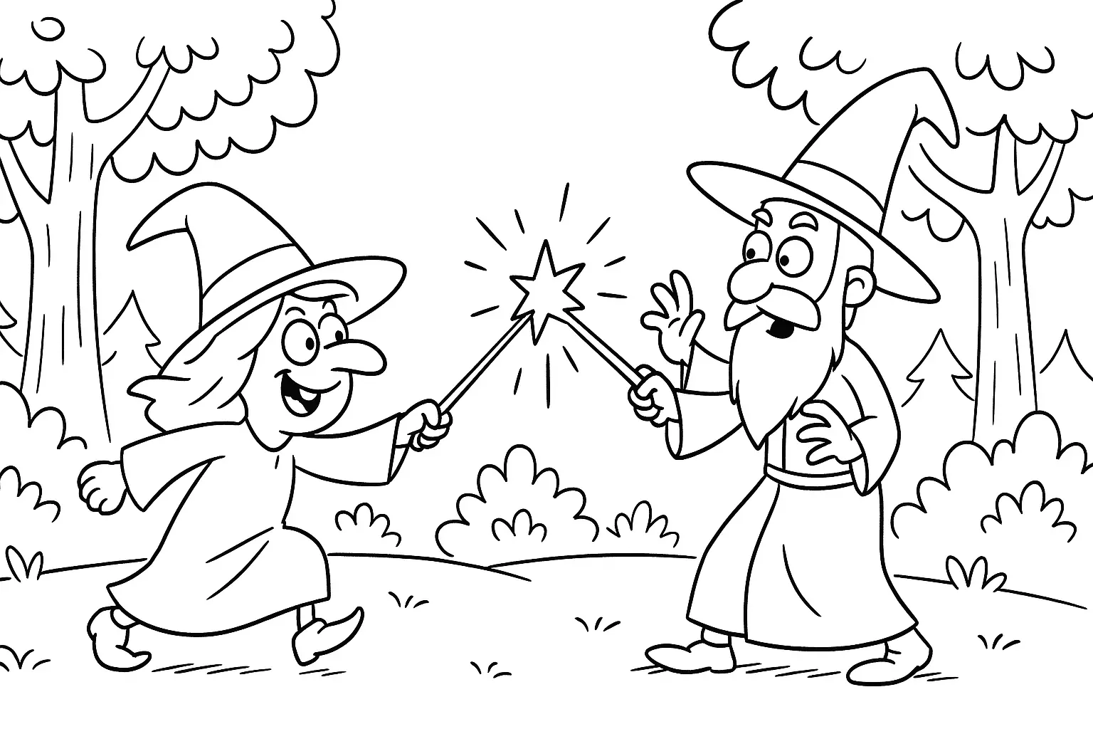 Witch with a Wizard – Free Coloring Page Download
