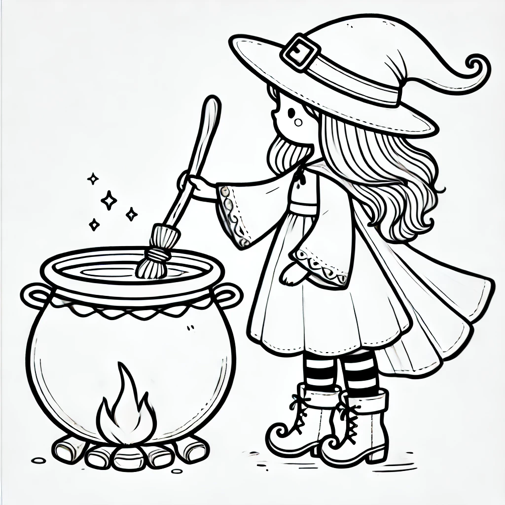 Witch with Cauldron for Magical Coloring Fun
