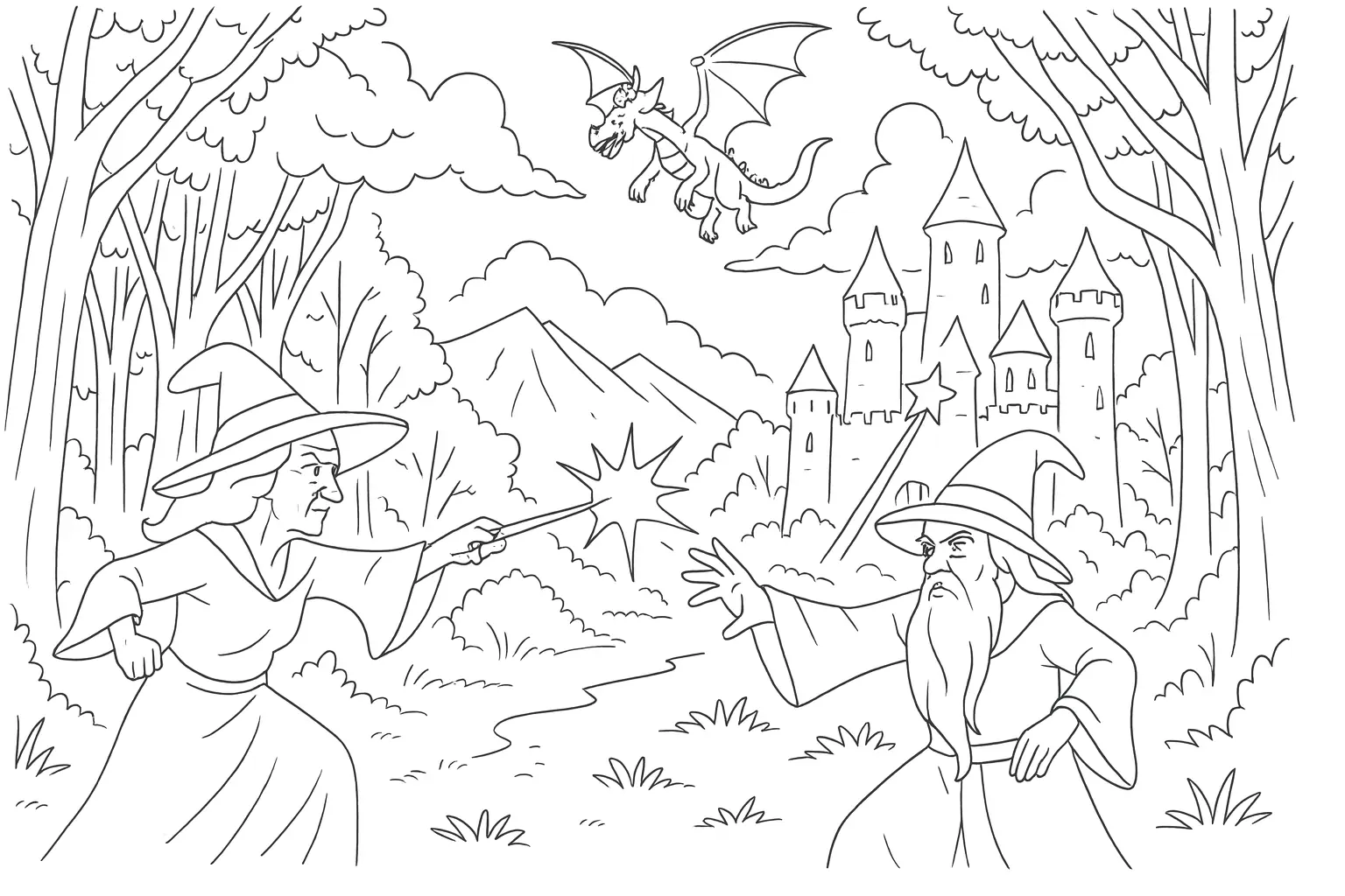 Wizard Meets Witch in a Magical Duel – Coloring Page
