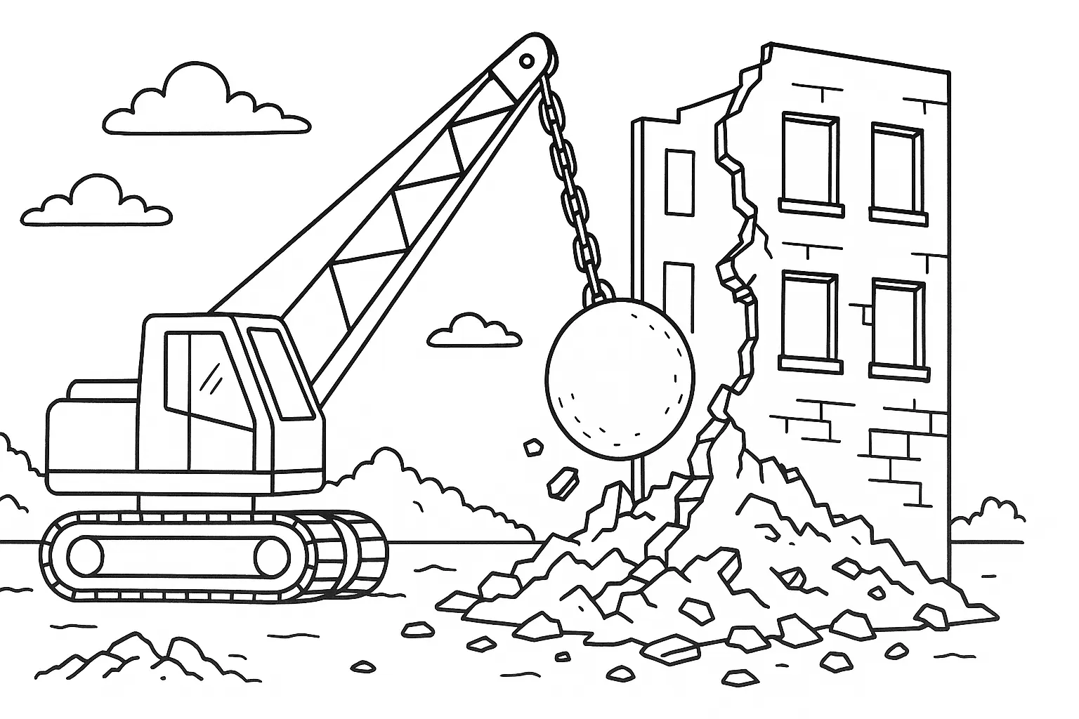 Wrecking Ball at Work – Construction Site Coloring Page