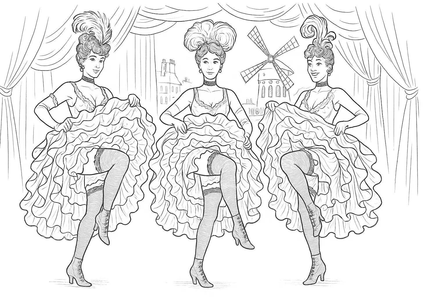 Free Printable Can-Can Dancers Coloring Page