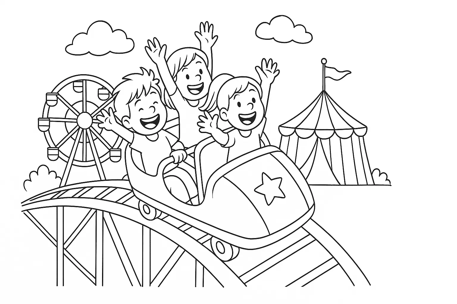 Fun Coloring Page with Roller Coaster and Happy Kids