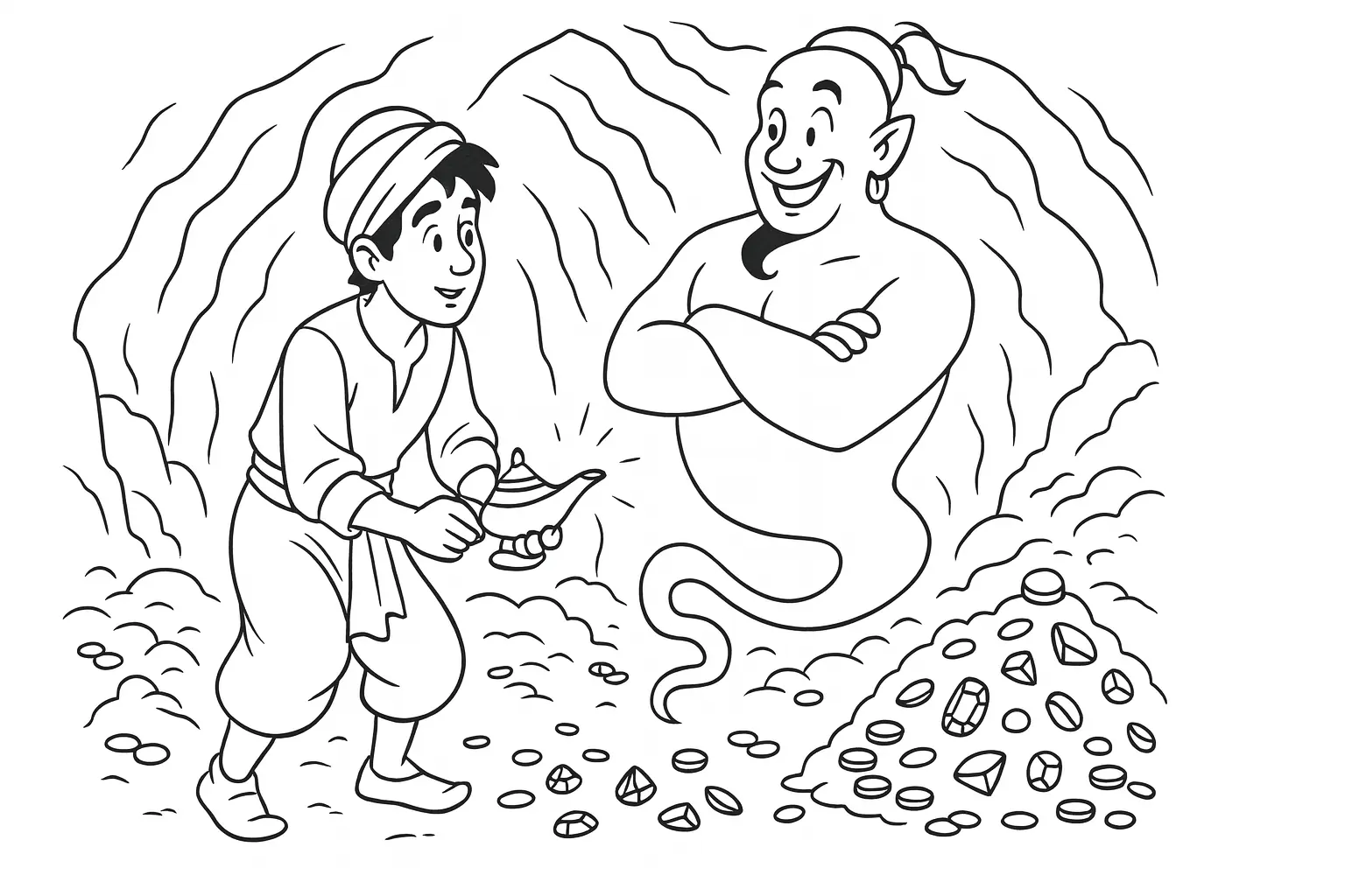 Genie Coloring Page – Lamp & Treasure Scene