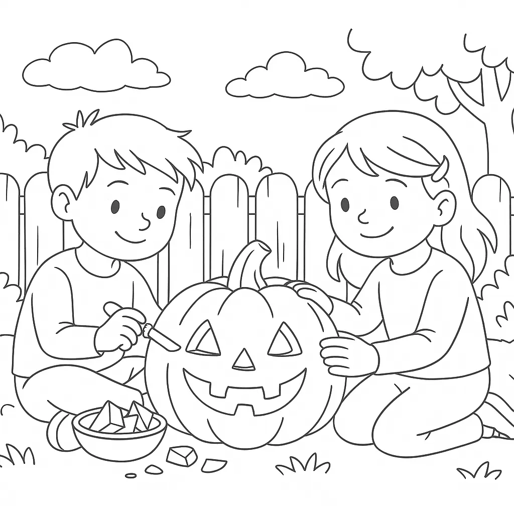 Halloween Coloring Page: Kids Carving a Pumpkin