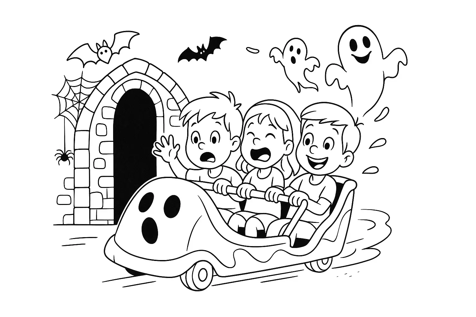 Haunted Train Coloring Page: Gate, Car & Ghosts