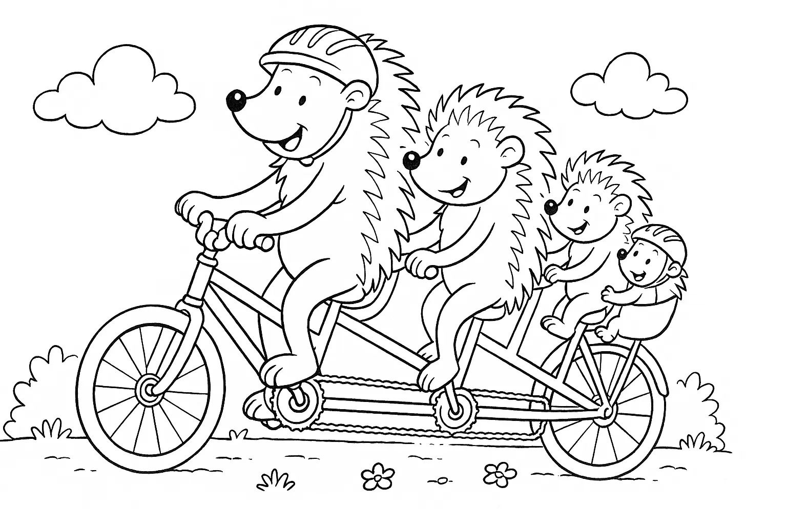 Hedgehog Family on a Bicycle – Free Coloring Page