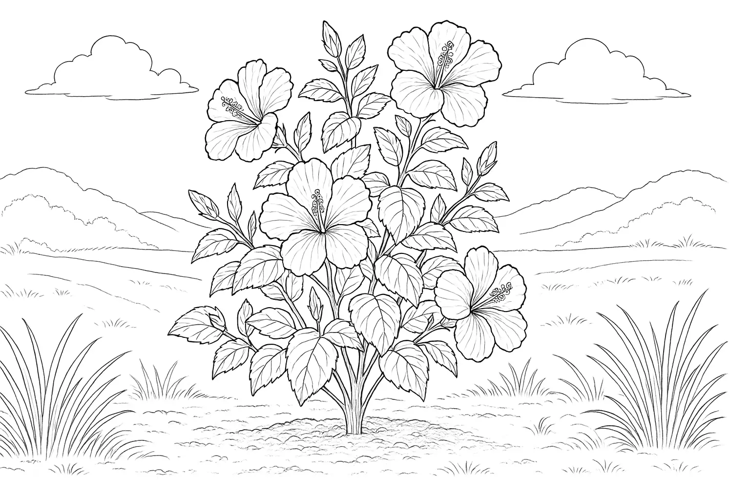 Hibiscus Coloring Page — Tropical Blossom Splendor as PDF Template