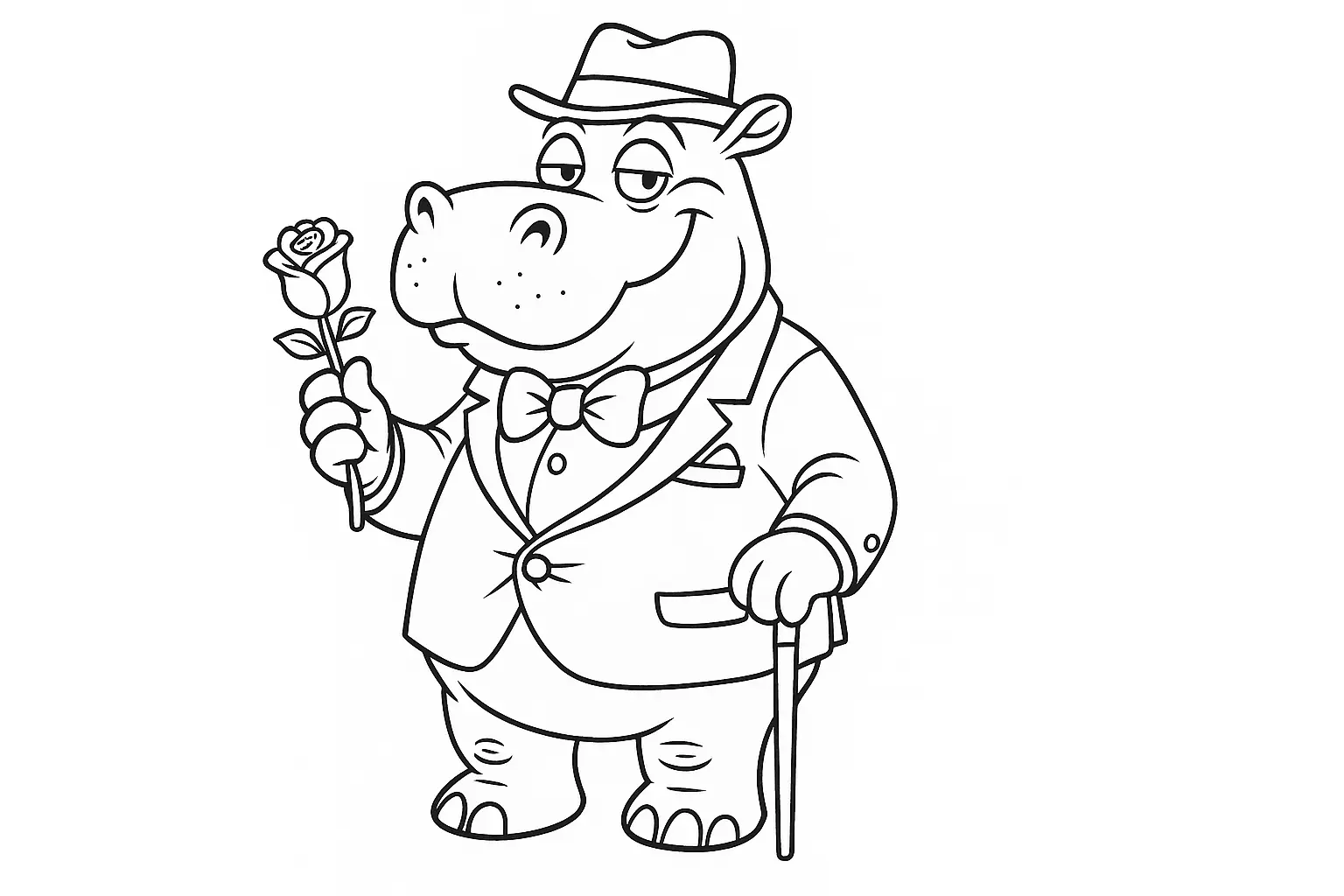 Hippopotamus in a Suit with Rose — Humorous PDF Coloring Page