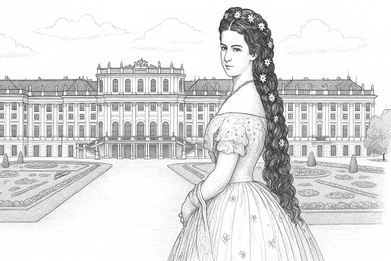 Historic Coloring Page: Sisi at Schönbrunn