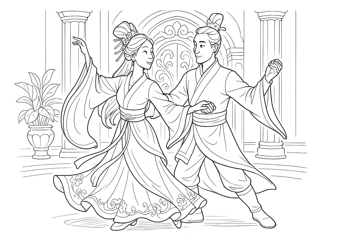 Historic Dance Scene – Coloring Page with Columns (PDF)