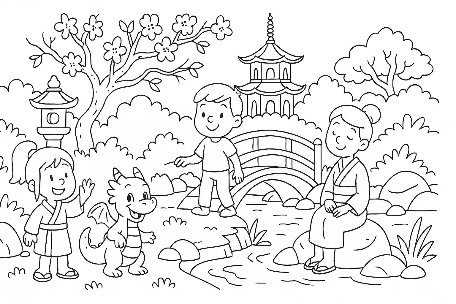 Japanese Garden Coloring Page – Kids & Dragon (PDF)