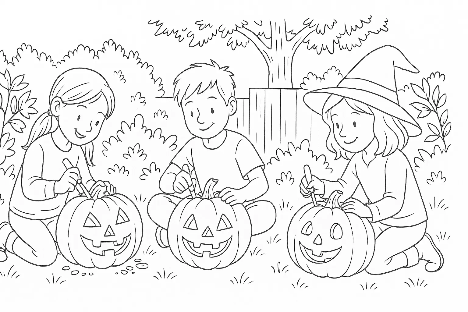 Kids Carving Pumpkins – Autumn Halloween Coloring PDF