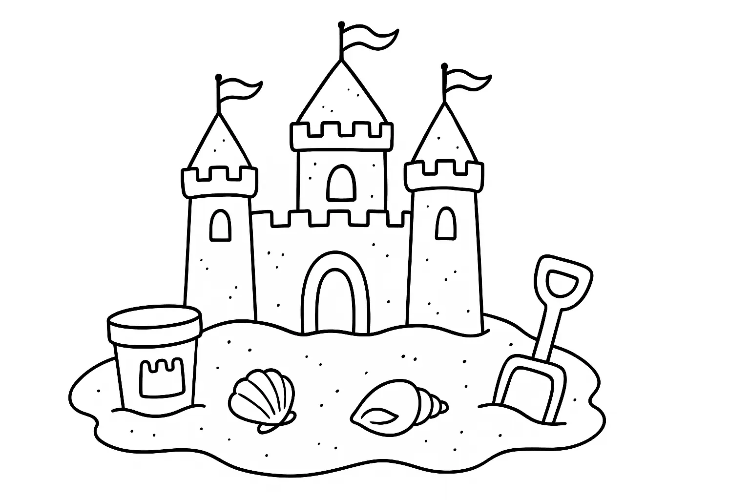 Kids’ Coloring Page: Sandcastle, Seashells & Flags