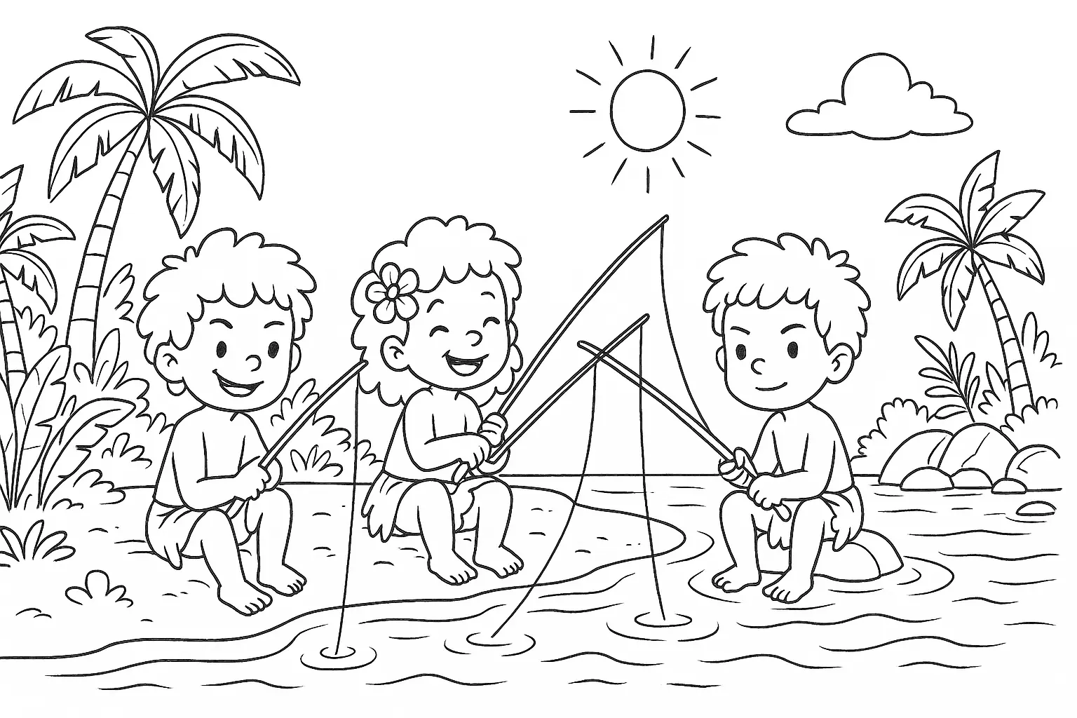 Kids Fishing Coloring Page – River Scene Template
