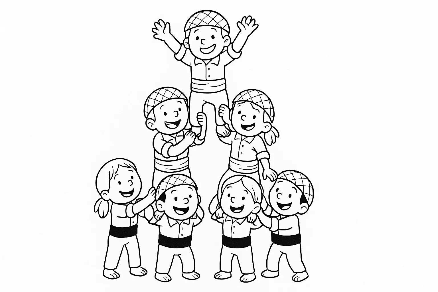 Kids’ Human Pyramid – Teamwork Coloring Page