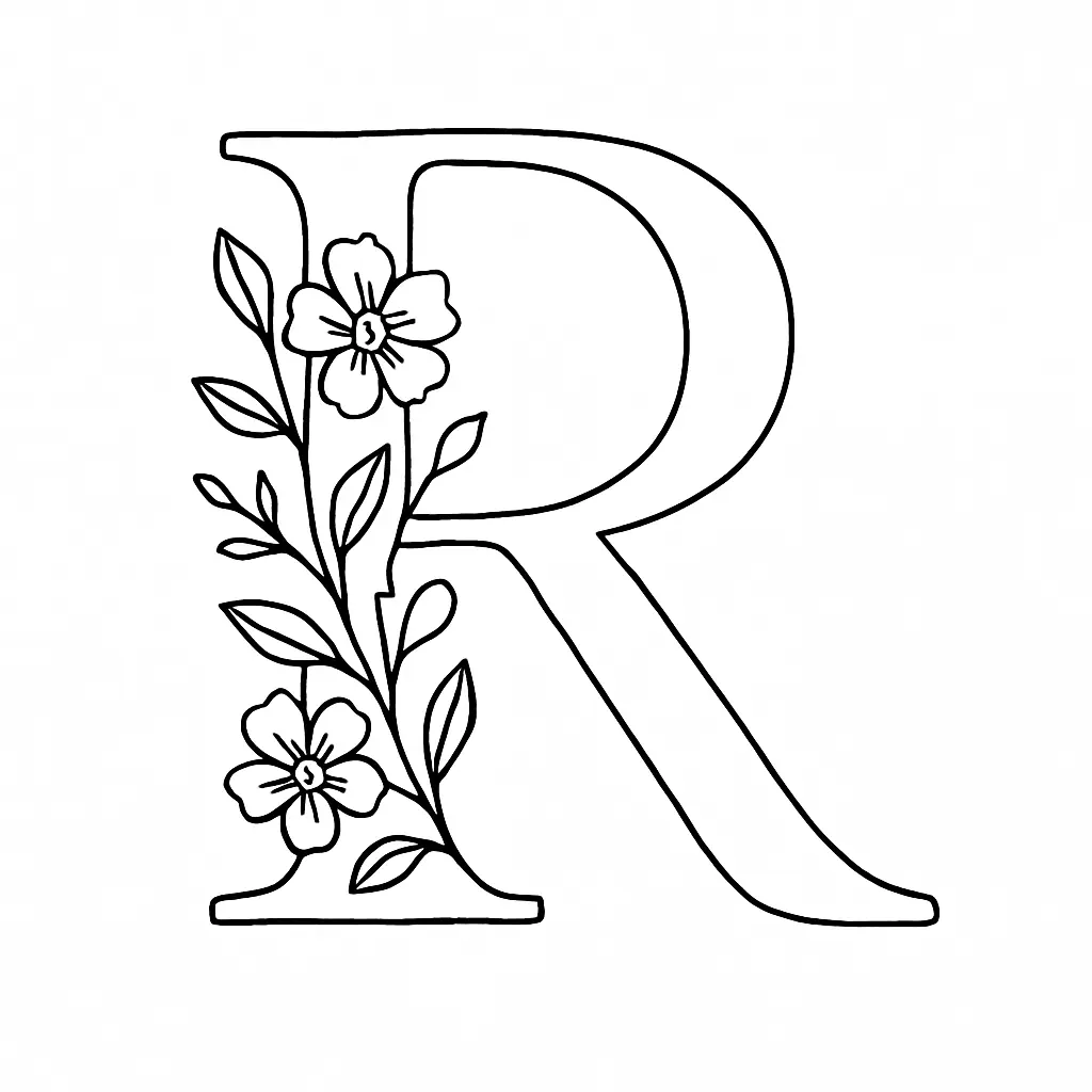 Letter R Coloring Page – Floral PDF to Print