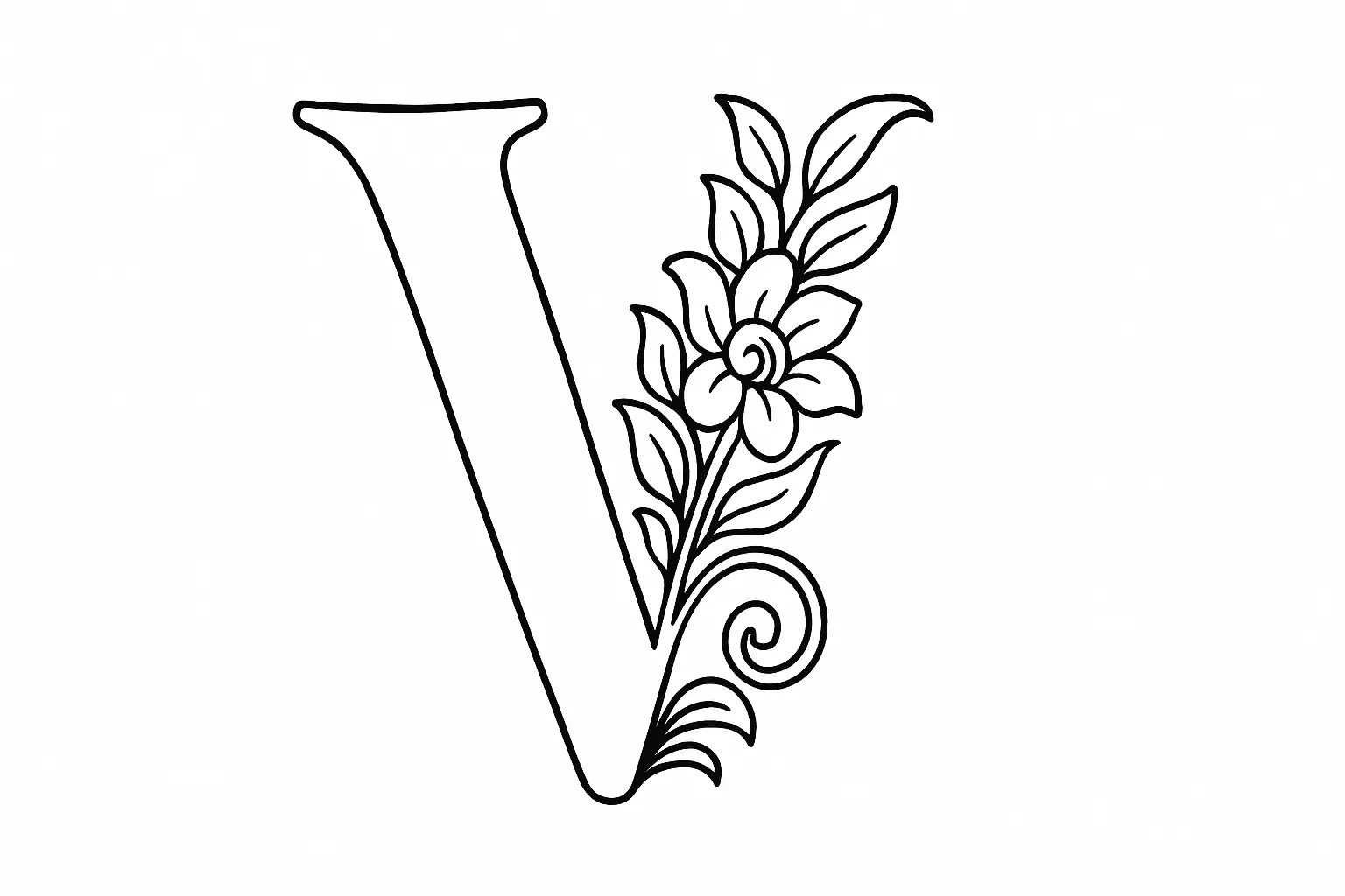 Letter V with Floral Embellishment – Coloring Page