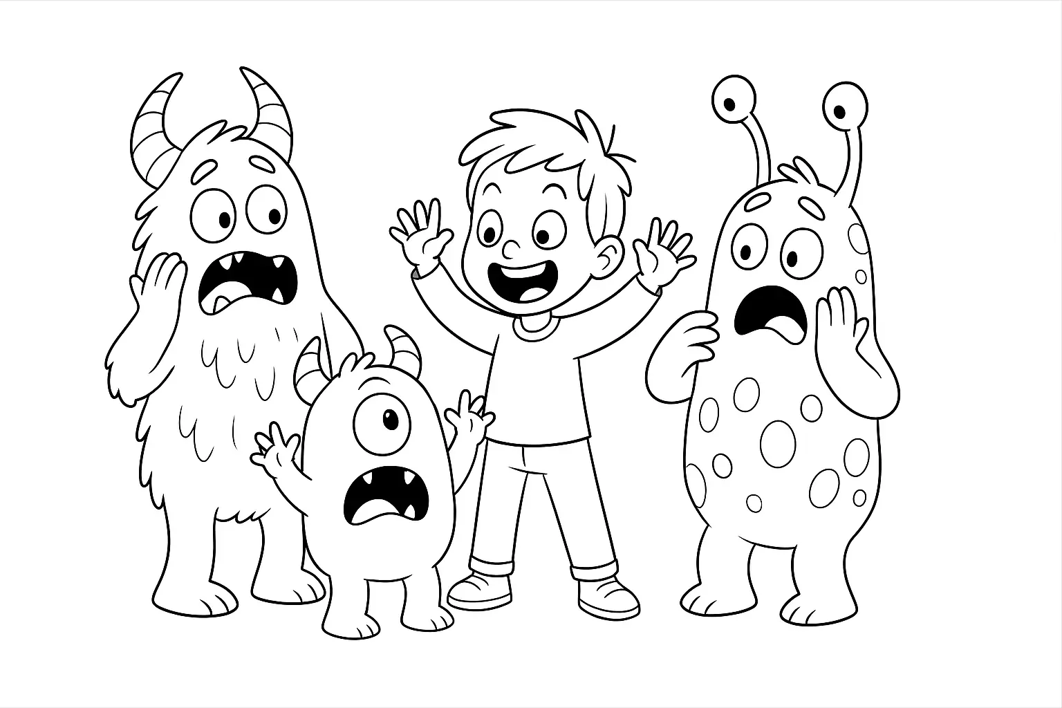 Monster Coloring Page – Funny Scene with Kid to Print