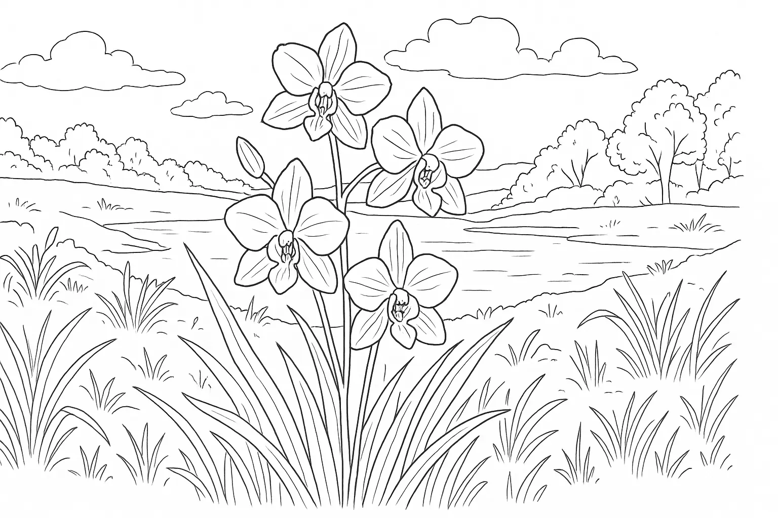 Orchid Coloring Page – Flower in a Natural Setting