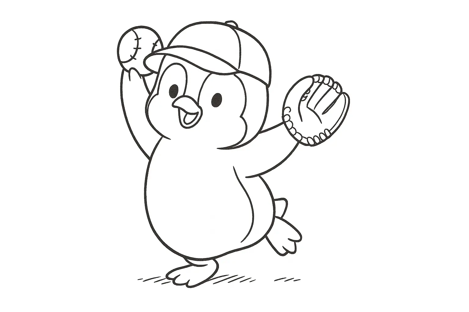 PDF Coloring Page: Penguin with Cap, Ball & Baseball Glove