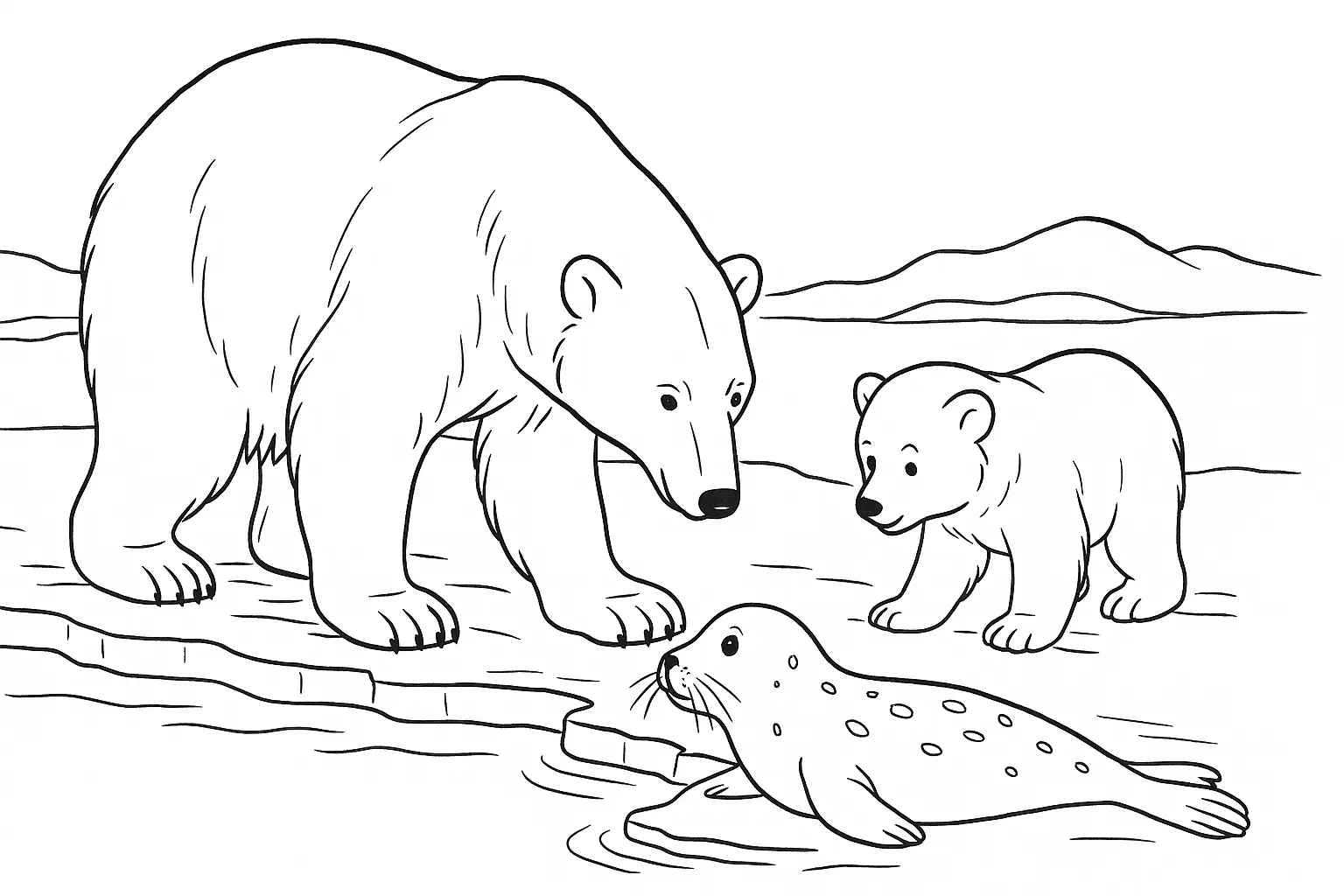 Polar Bears and Seal – Arctic Coloring Page for Kids