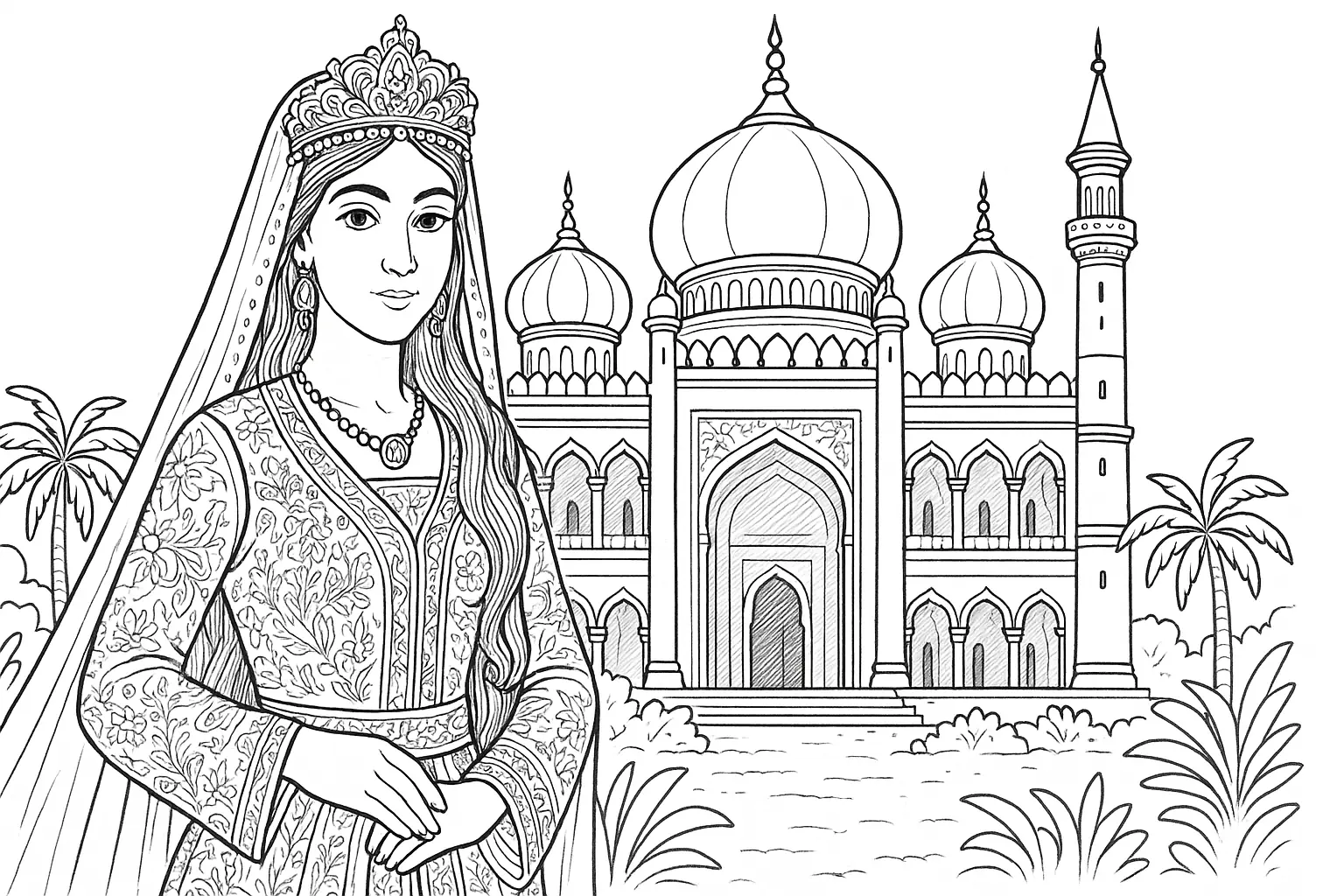 Princess in Front of Palace – Coloring Page for Printing