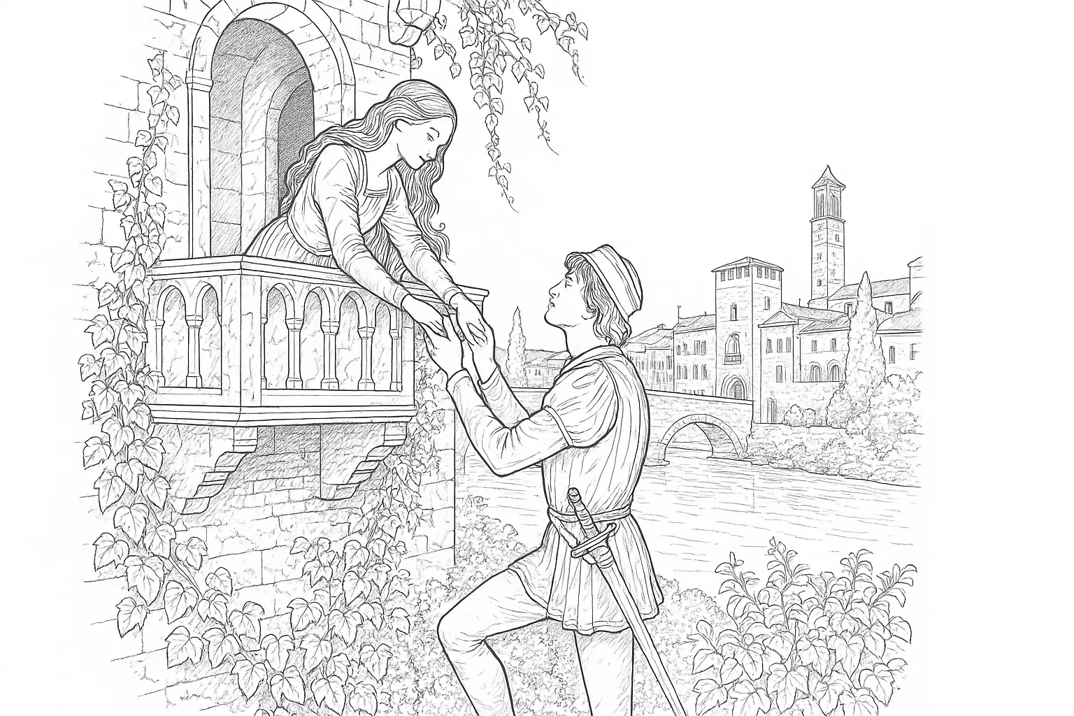 Romeo and Juliet Coloring Page – Color the Balcony Scene