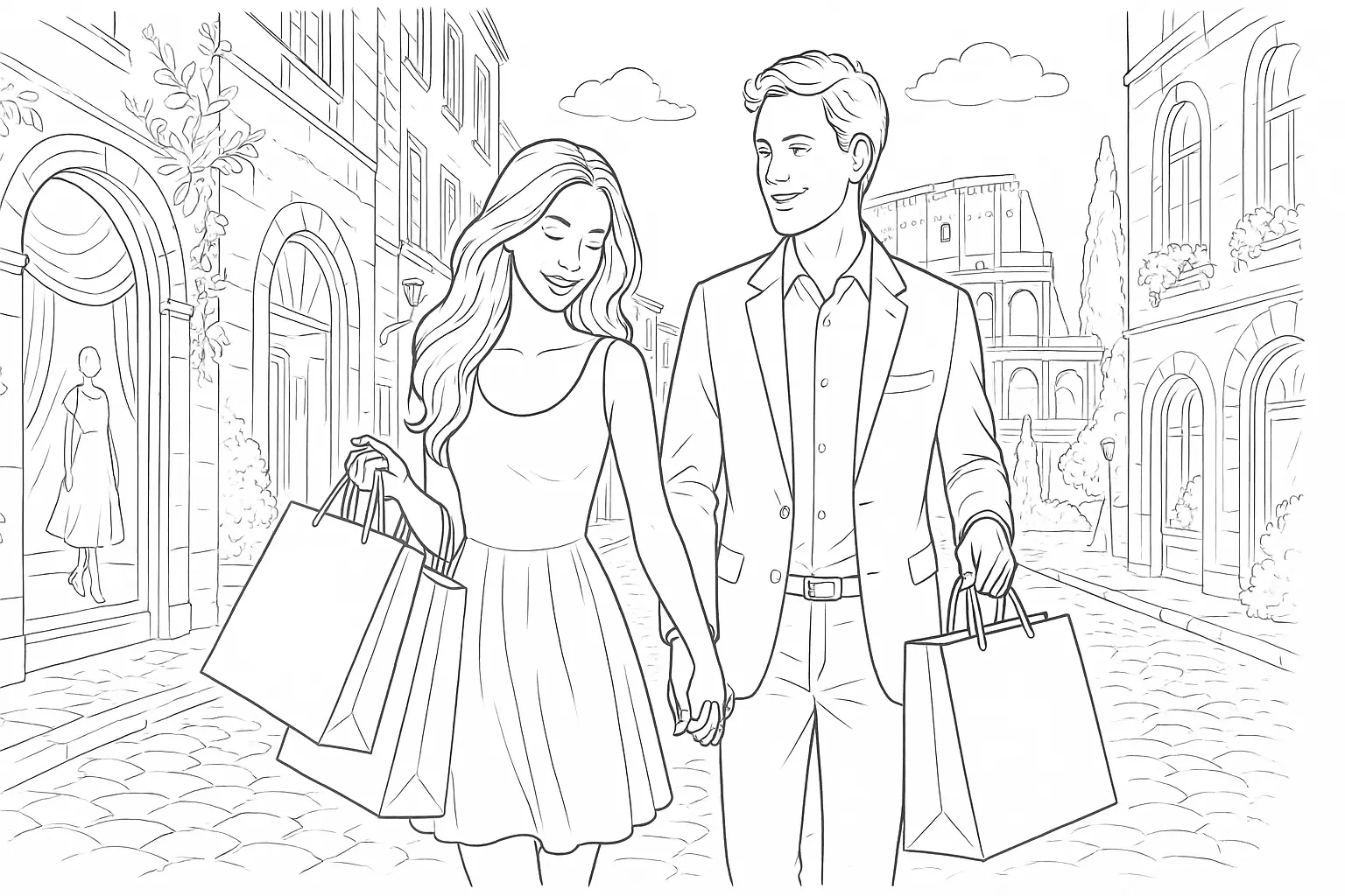 Shopping Couple Coloring Page – Romantic City Stroll