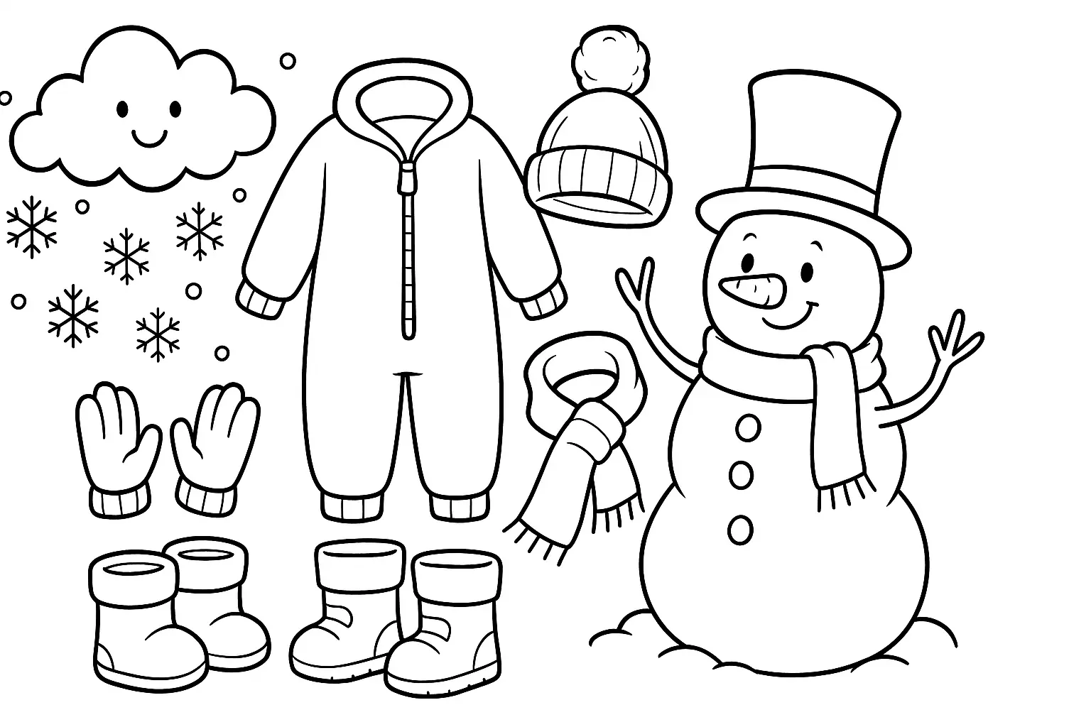Snowman & Winter Clothing – Kids’ Coloring Page