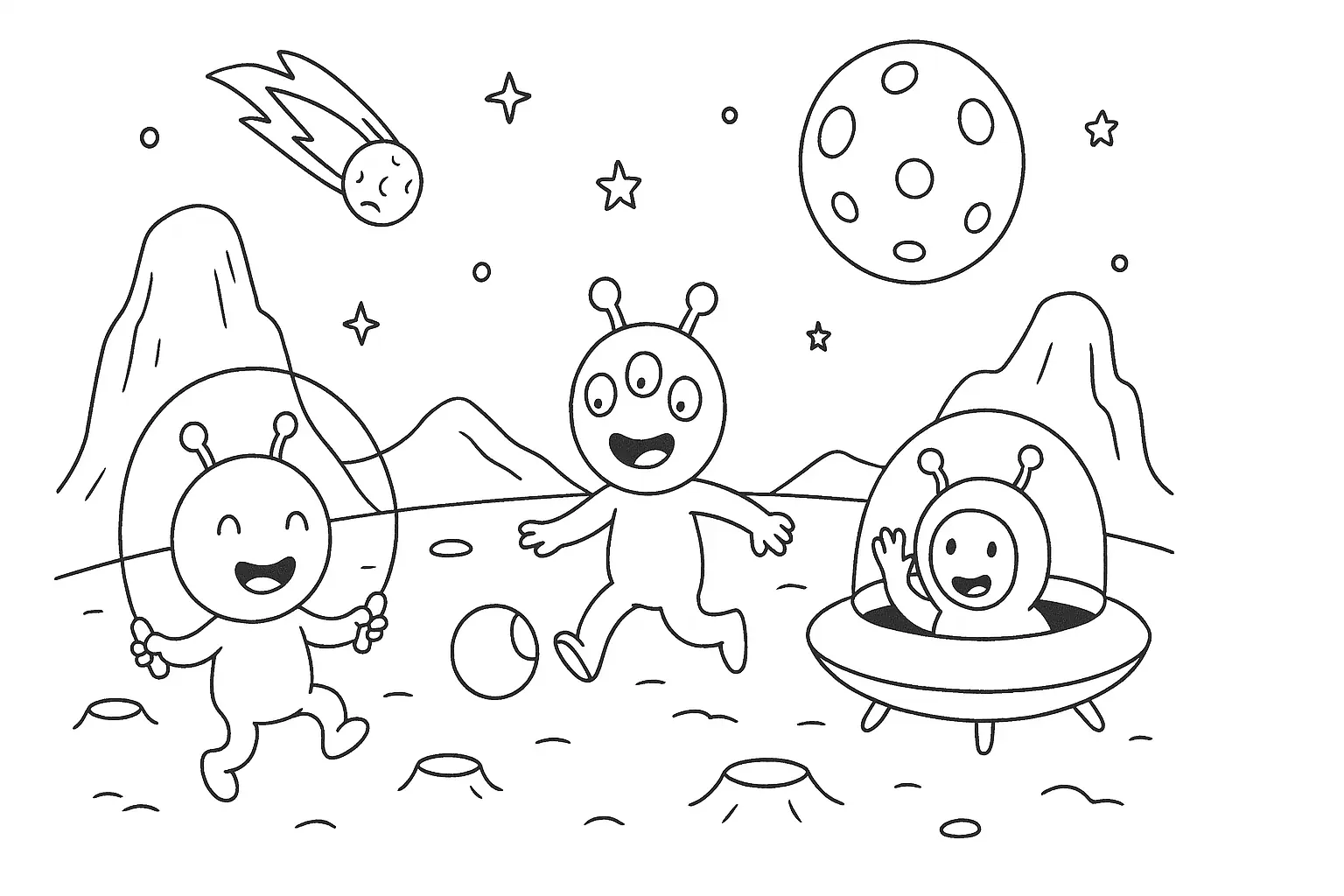 Space Coloring Page: Aliens, Spaceship & Meteor