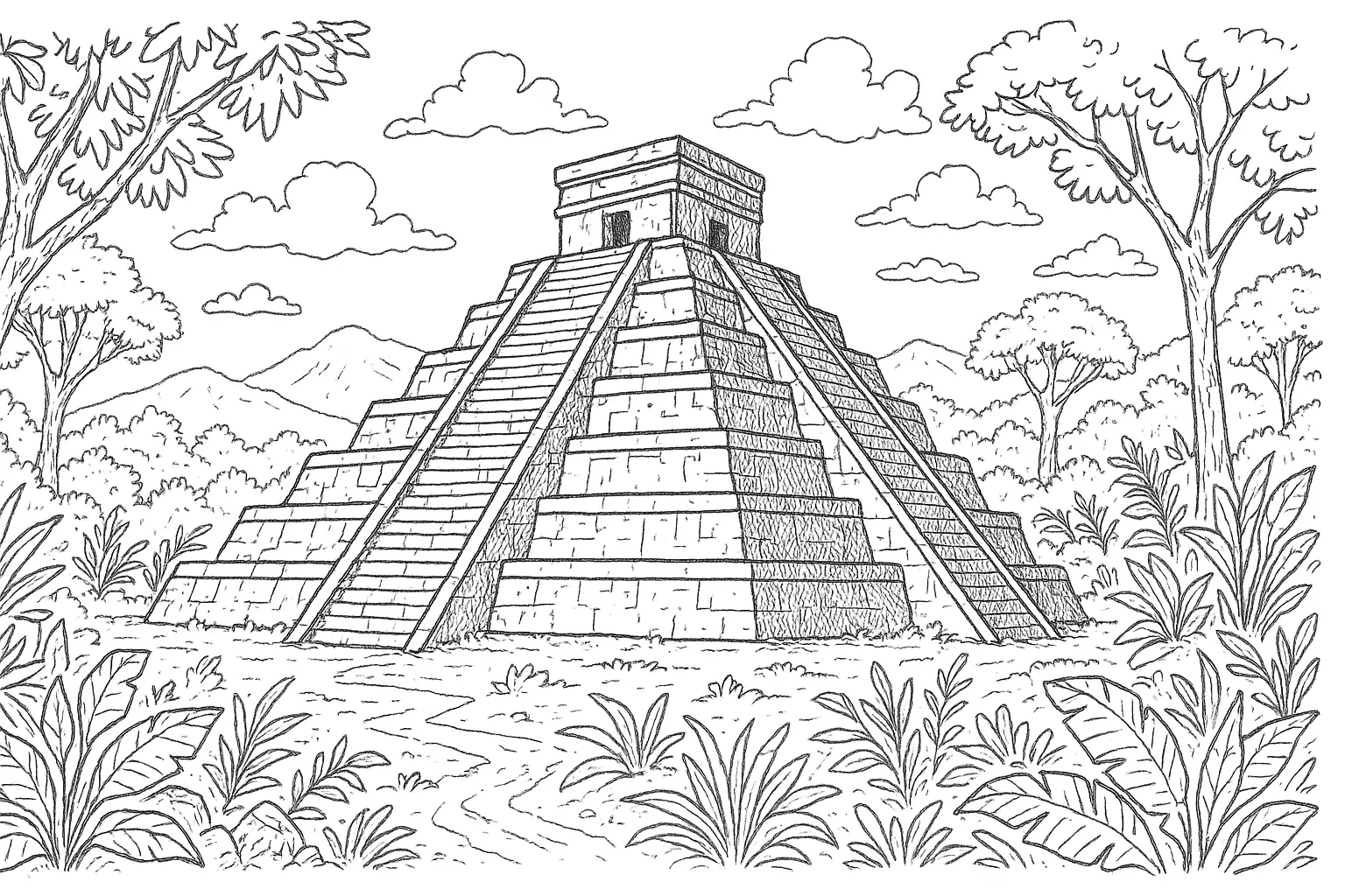 Step Pyramid Coloring Page: Jungle & Ancient Ruins
