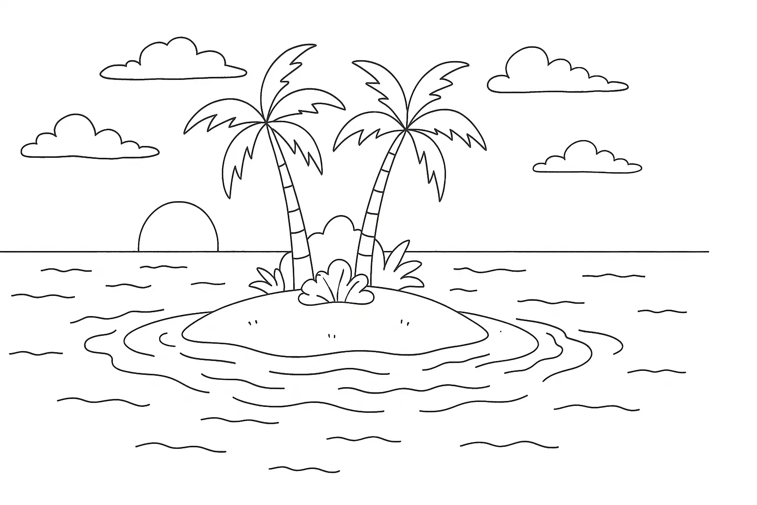Tropical Island with Palms – Sunset Coloring Page