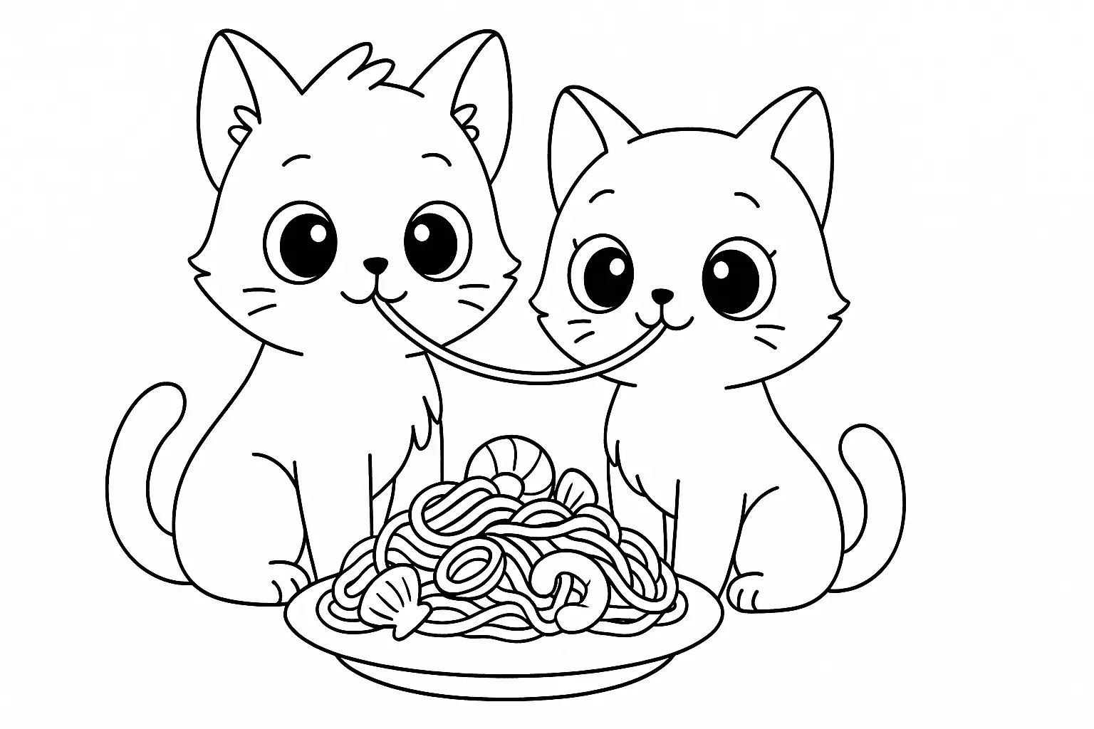 Two Cats Sharing Spaghetti – Kids’ Coloring Page