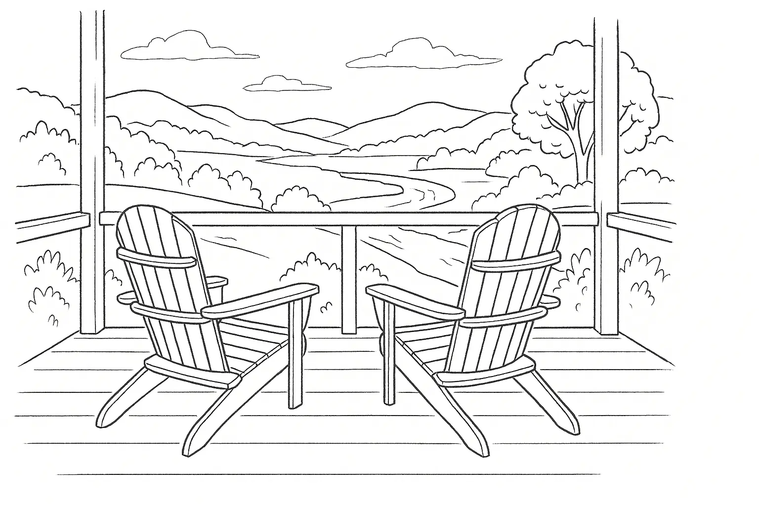 Two Chairs on a Terrace – Nature View Coloring Page