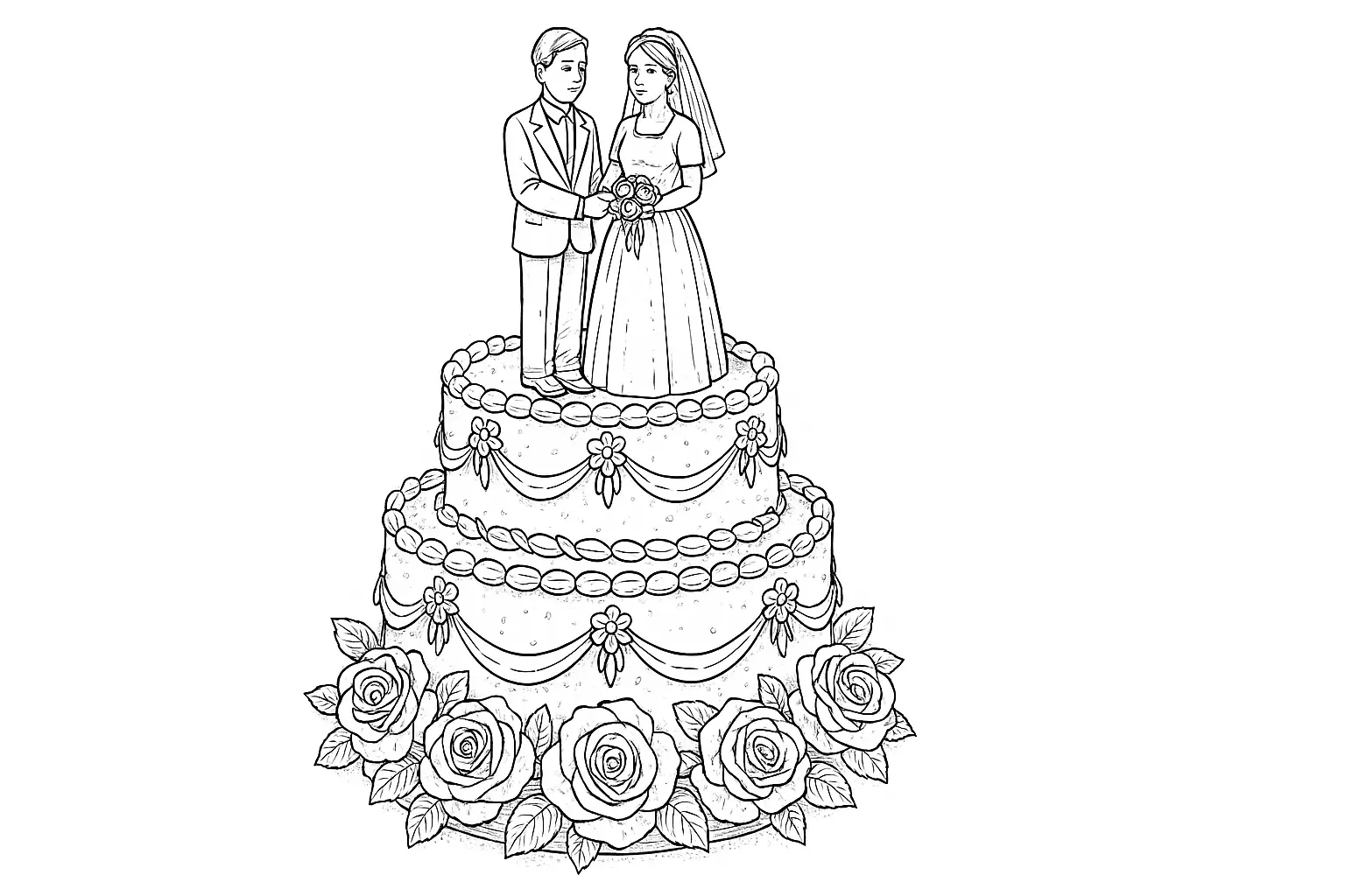 Wedding Cake with Bride & Groom – Festive Coloring PDF
