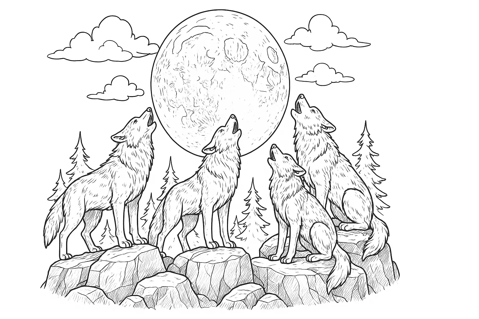 Wolves Howling at the Full Moon – Coloring Page