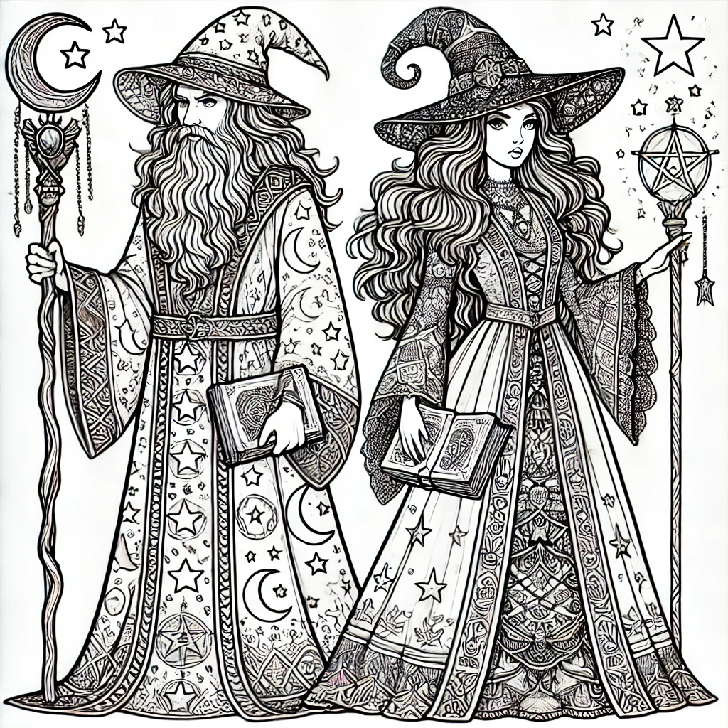 Magical Duo of Wizard and Witch for Printing